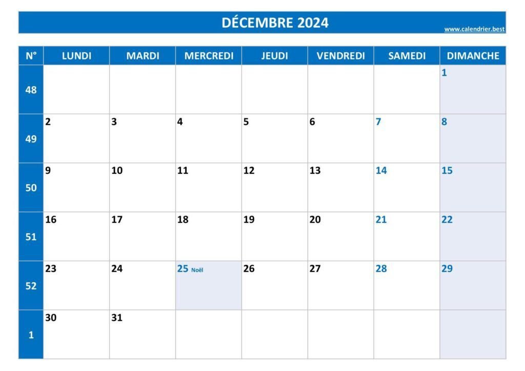 calendrier avec dates de fin de mois