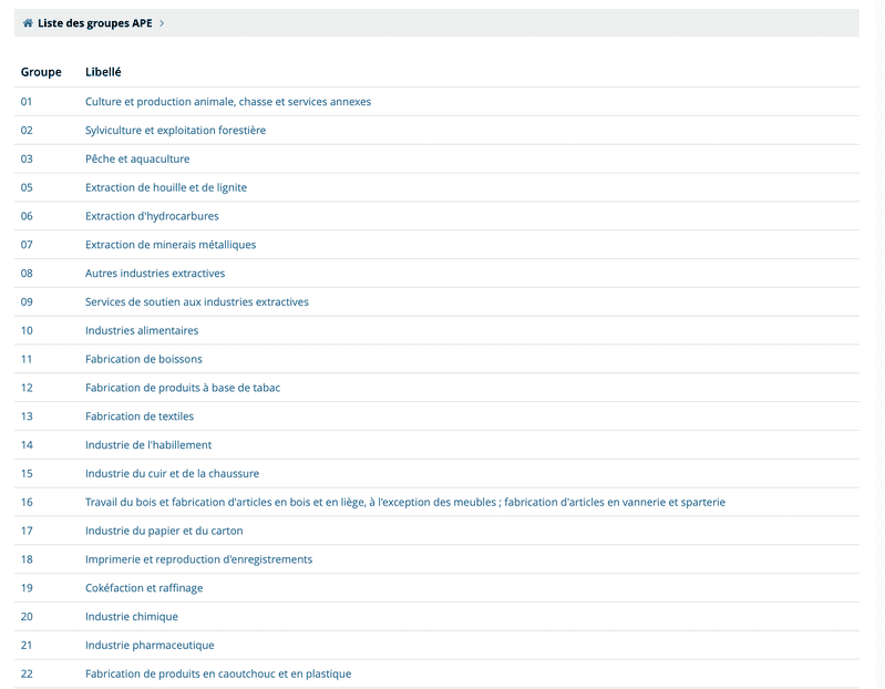 Où trouver une liste des codes NAF au format Excel