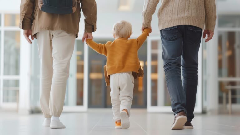 parent avec enfant se renseignant a la caf